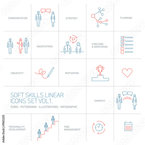 Soft skills vector linear icons and pictograms set blue and red