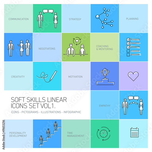 Soft skills vector linear icons and pictograms set 