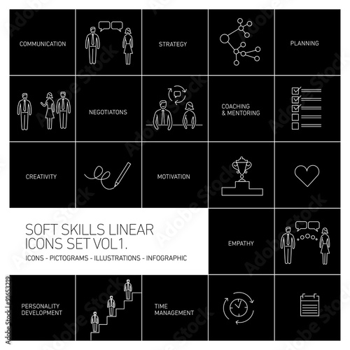 Soft skills vector linear icons and pictograms set white on blac