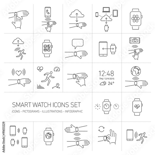 Vector smart watch linear icons set with hand gestures and picto
