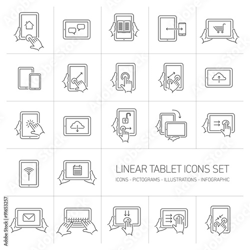 Vector linear tablet icons set with hand gestures and pictograms