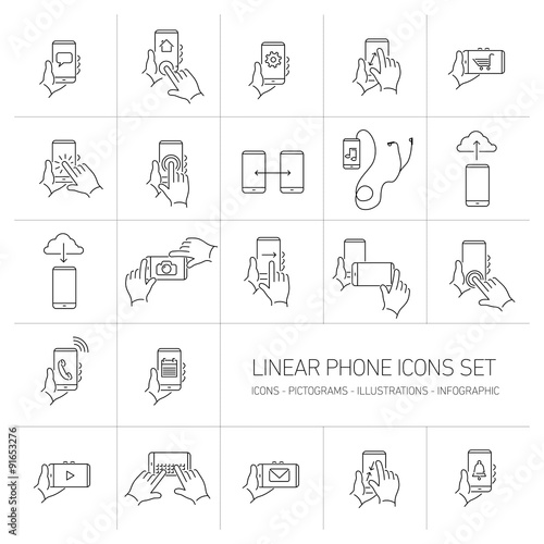 Vector linear phone and technology icons set with hand gestures