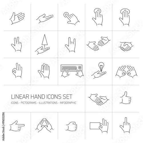 modern flat design vector linear hand and fingers gesture icons black on white