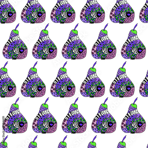 Zentangle colorful pear white background, seamless pattern