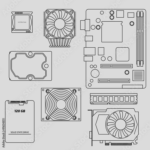  Vector computer components. Graphic card, central processor unit, memory, hard disk device, motherboard and cooler fan design. Modern device icon.