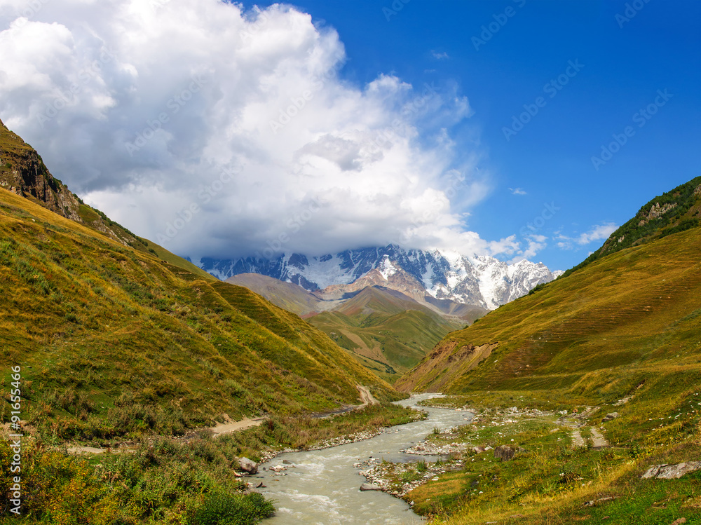 Summer landscape with river and mountain snow. 