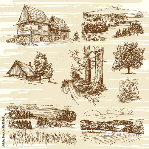 rural landscape and houses - hand drawn collection
