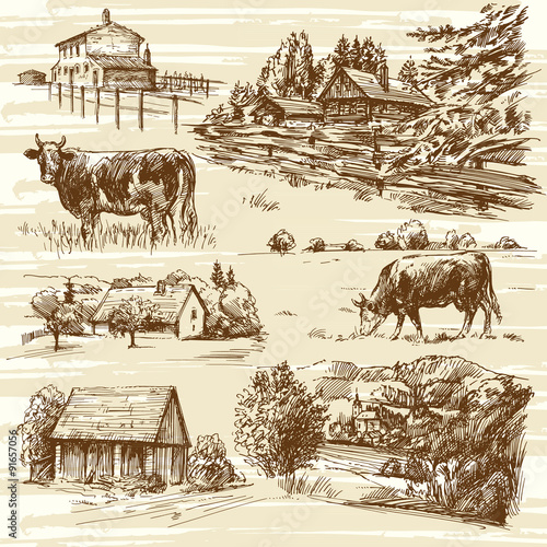 Farm, cows, rural landscape - hand drawn set