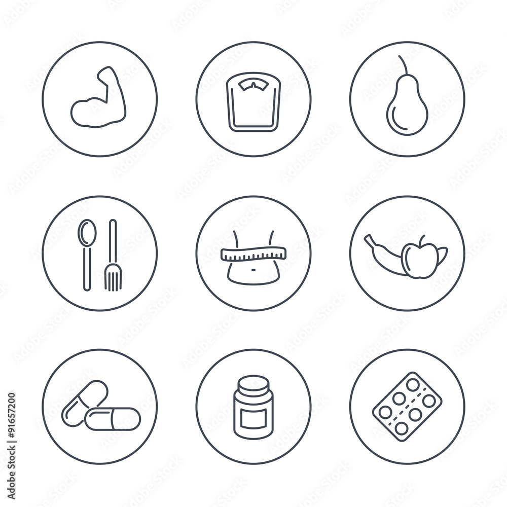 Diet, nutrition line icons set, vector illustration Diet, nutrition line icons set, vector illustration