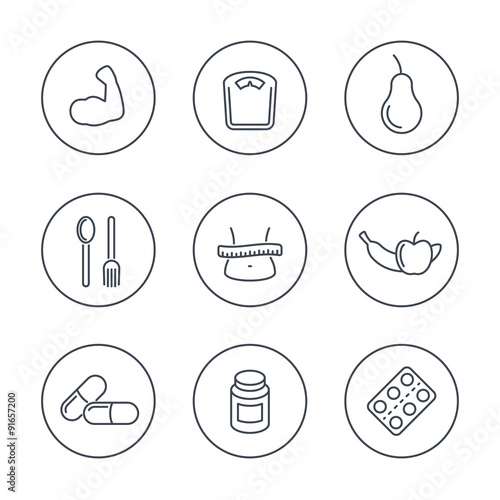 Diet, nutrition line icons set, vector illustration