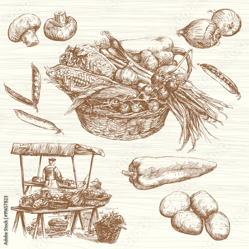 Vegetables at a farmers market, hand drawn set
