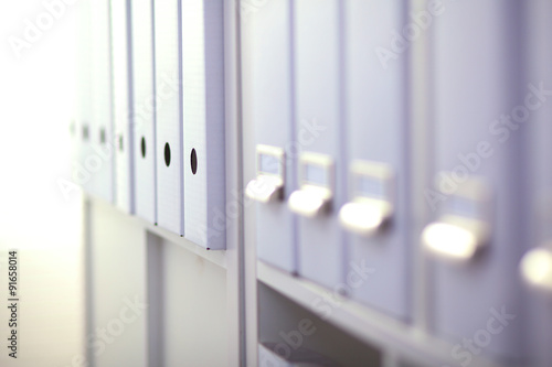 File folders  standing on  shelves in the background