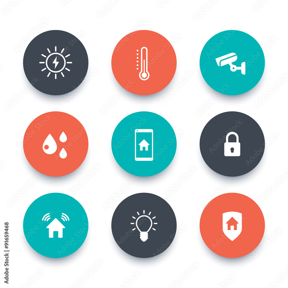 Smart house, round icons set, vector illustration