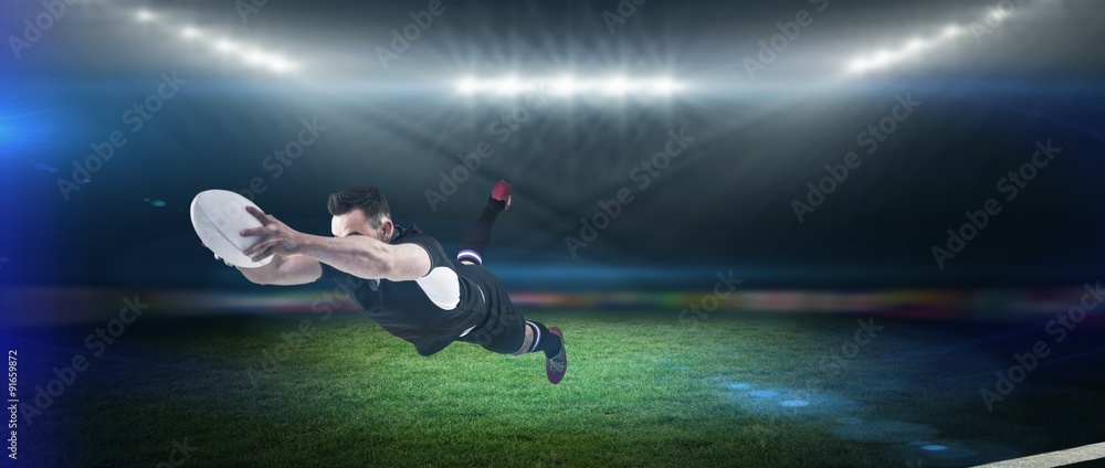 Composite image of rugby player scoring a try