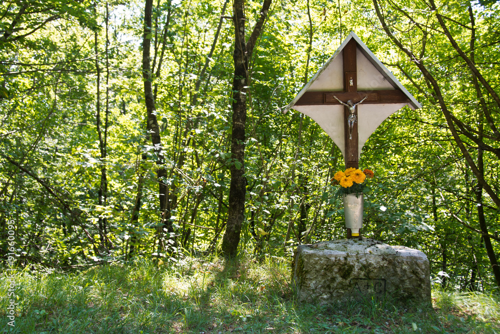 forest crucifix, Wooden crucifix in the green forests forest crucifix, Wooden crucifix in the green forests