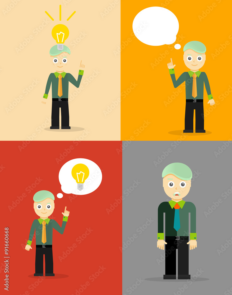 Young businessman thinking of his ideas. Set of flat design Young businessman thinking of his ideas. Set of flat design
