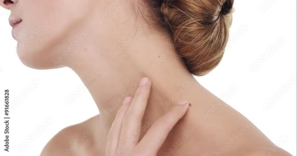 Beauty portrait of woman touching beautiful face in slow motion skincare concept on a white background Beauty portrait of woman touching beautiful face in slow motion skincare concept on a white background