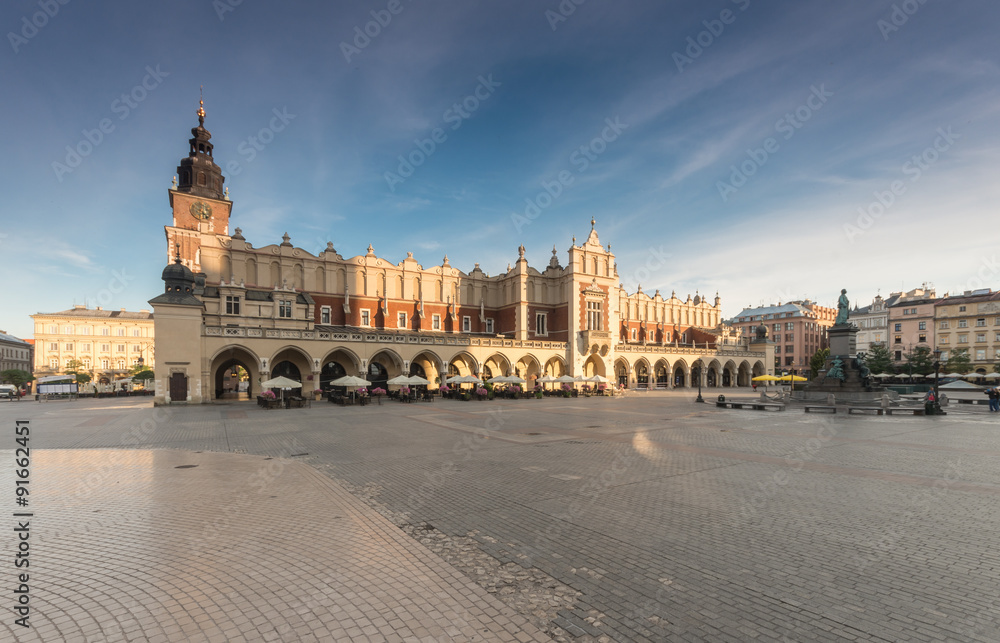 Cloth hall on the main market square in Krakow, Poland, during golden hour