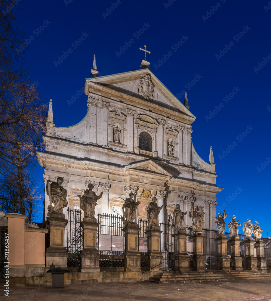 Krakow, Poland, baroque church of Saints Peter and Paul in blue hour