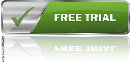 FREE TRIAL / realistic modern glossy 3D vector eps banner in green with metallic border and checkmark