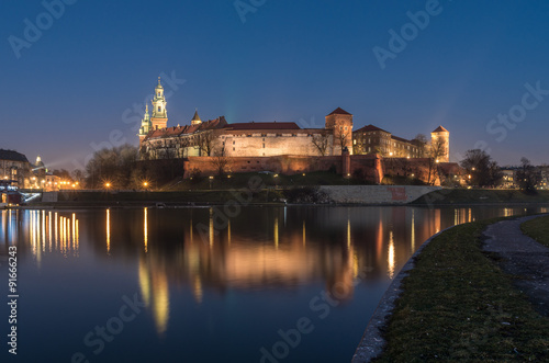 Wawel Castle and Wawel cathedral seen from the Vistula boulevards in the evening