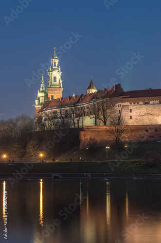 Wawel Castle and Wawel cathedral seen from the Vistula boulevards in the evening #91666259
