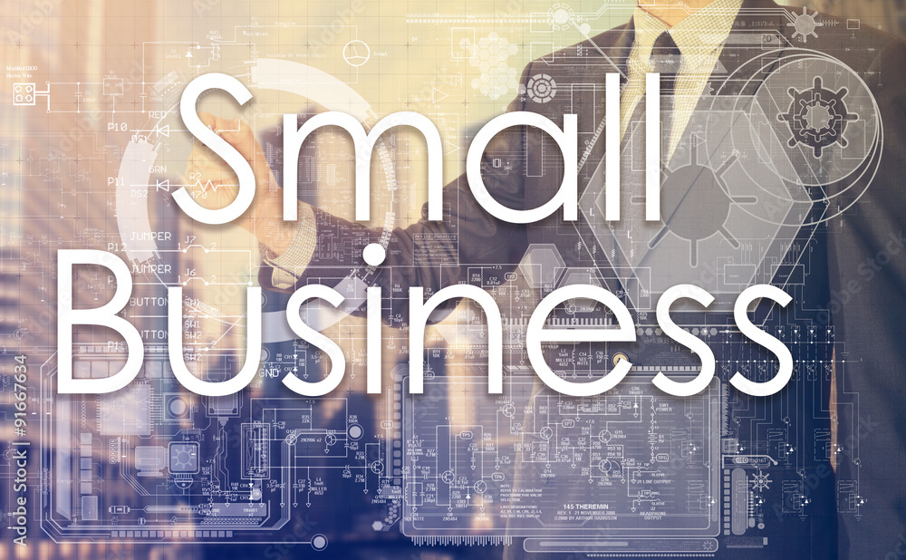 businessman writes on board text: Small Business - with sunset o businessman writes on board text: Small Business - with sunset o