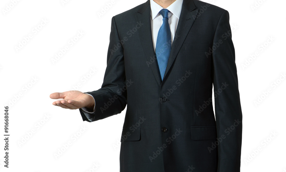 Businessman showing something on white background Businessman showing something on white background