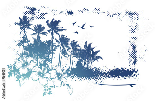 grunge summer banner with lot of palms