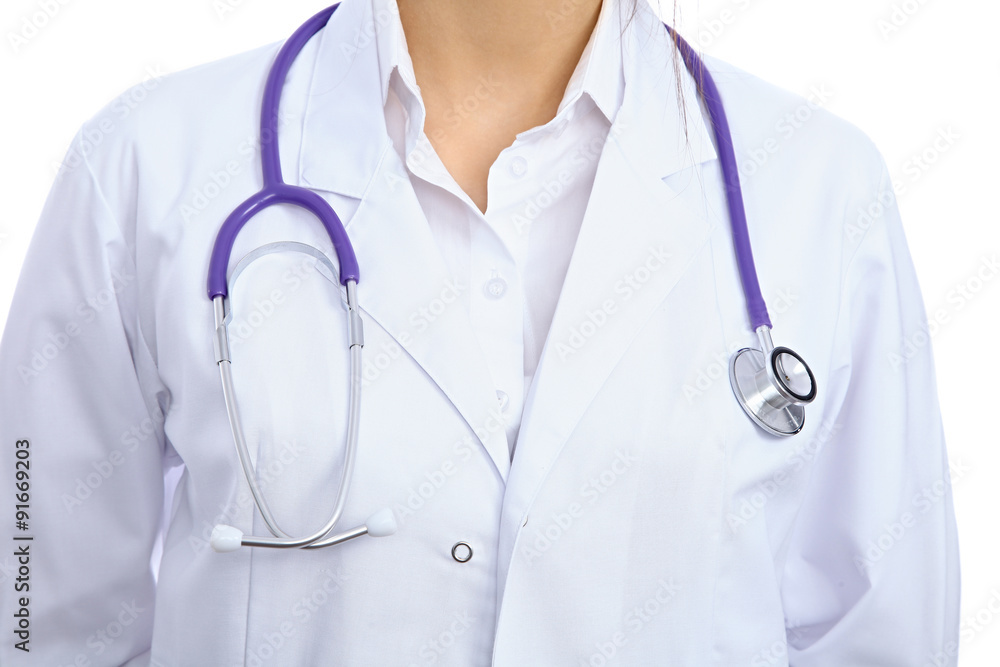 Female doctor with stethoscope, isolated over white background Female doctor with stethoscope, isolated over white background