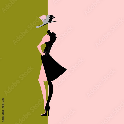 Abstract sketch of the model in a dress and hat, fashion, logo