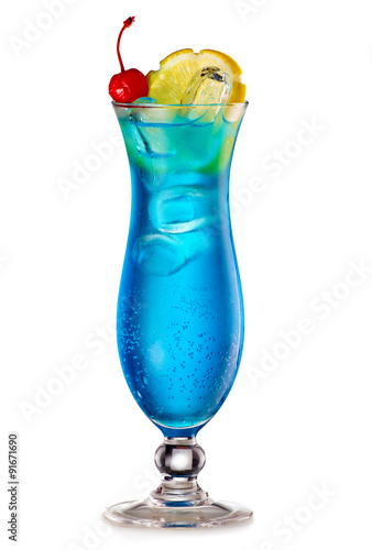 Blue Lagoon cocktail with a slice of lemon and cherry