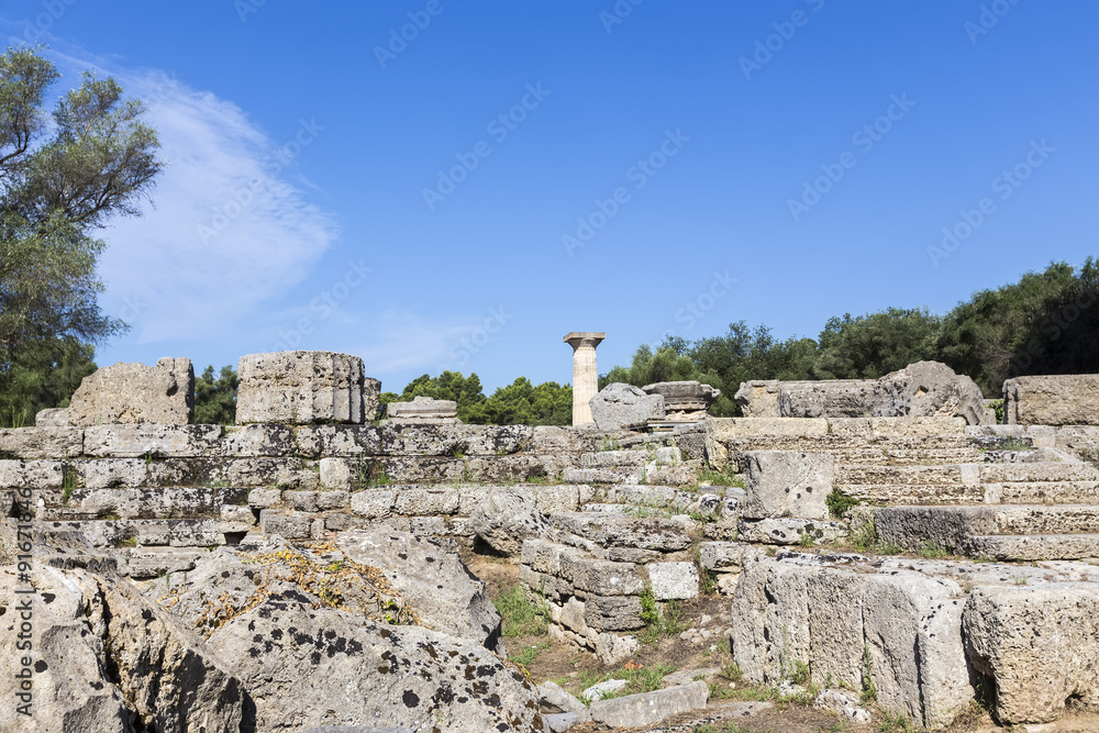Ancient ruins of the temple Zeus, Olympia archeological site Pel