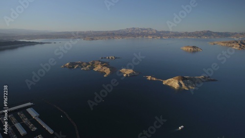 Aerial view of islands in Lake Mead near the Hoover Dam.