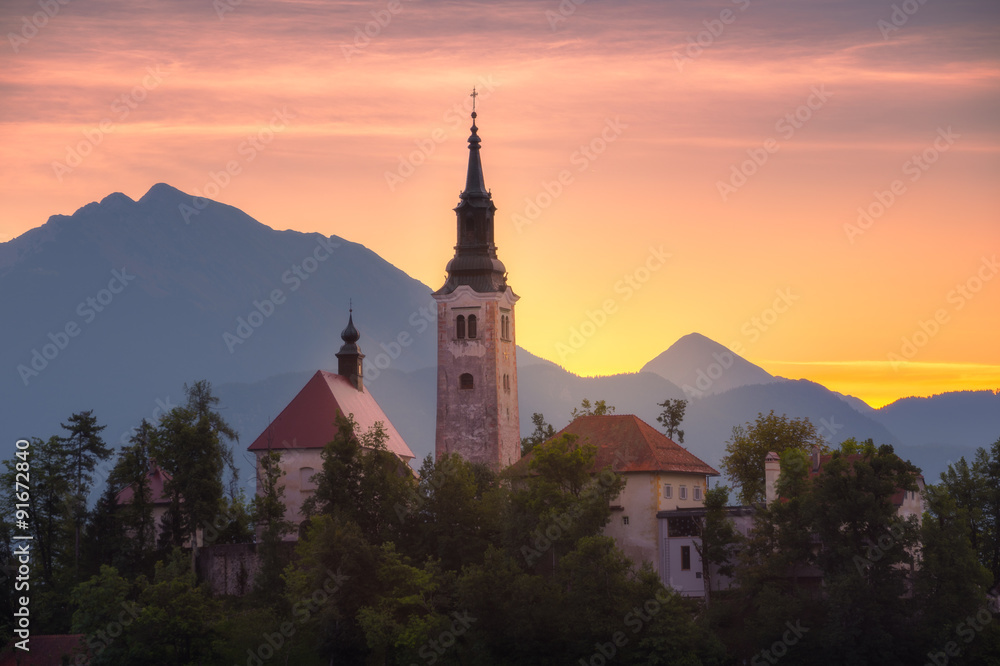 Church in Bled Lake, Slovenia at Sunrise