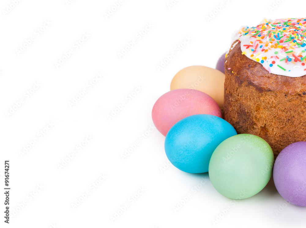 Easter cake and painted eggs Easter cake and painted eggs