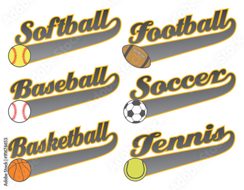Sports With Tail Banners is an illustration representing six sports including baseball, softball, basketball football, soccer and tennis.
