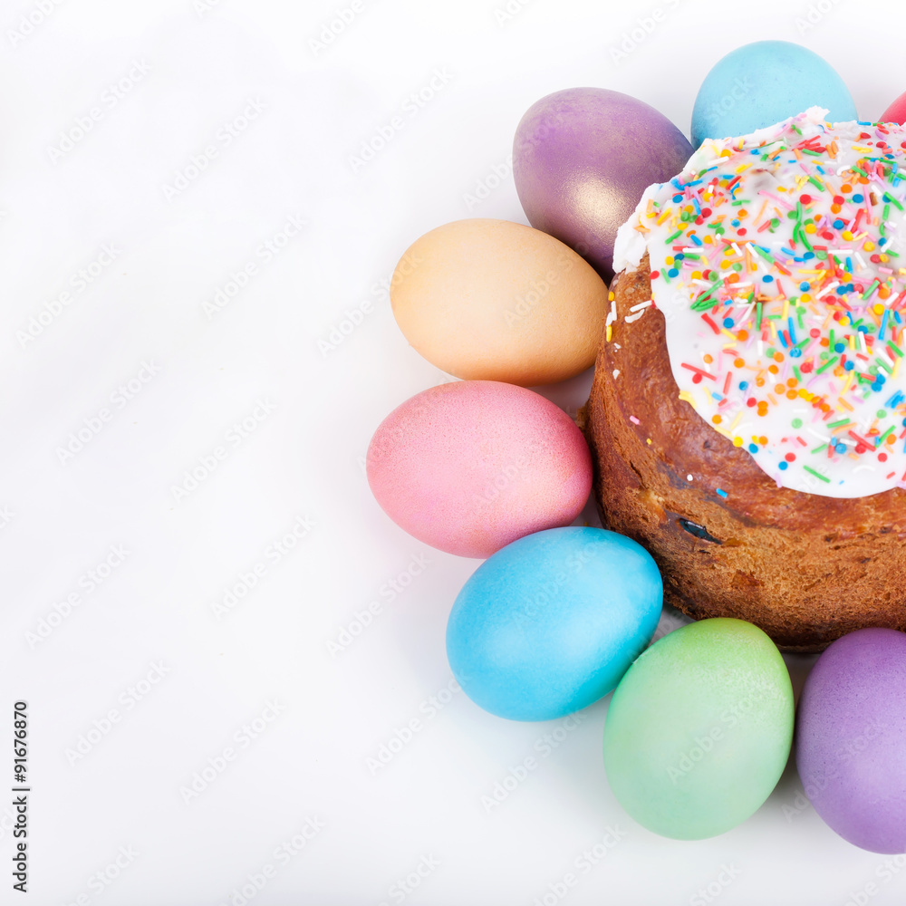 Easter cake and painted eggs Easter cake and painted eggs
