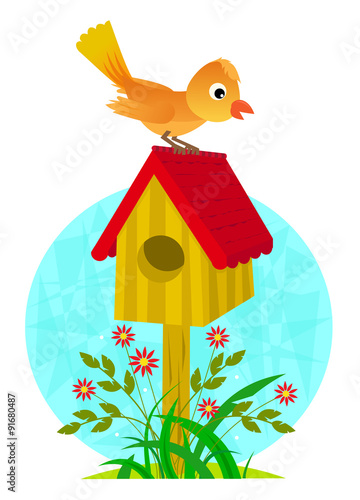 Birdhouse and Bird - Cute clip-art of a bird standing on a birdhouse roof. Eps10