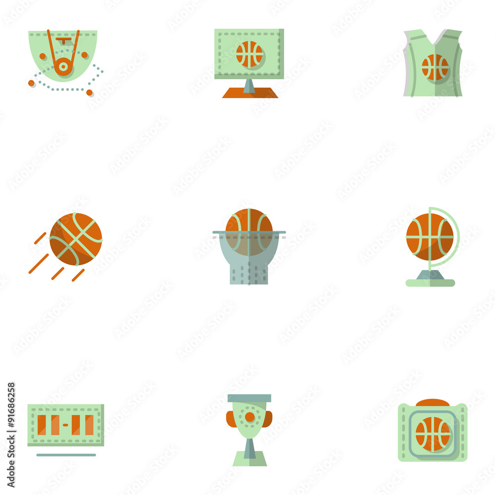 Flat simple vector icons for basketball