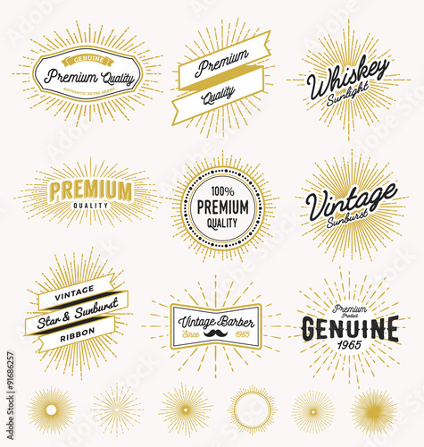 Set of vintage sunburst frame and label design. Vintage light ray sticker and banner collection for premium quality product, handcrafted product. Vector illustration