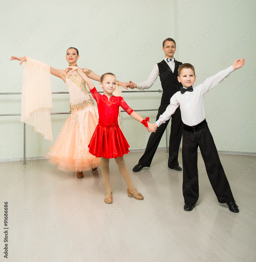 Naklejka premium Ballroom dancing, group, man, woman, children, dance studio