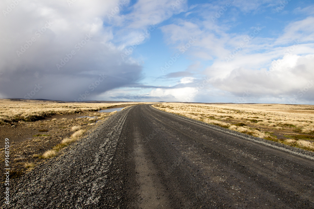 Fototapeta premium Gravel Road through the Camp (Countryside) East Falkland, Falkla