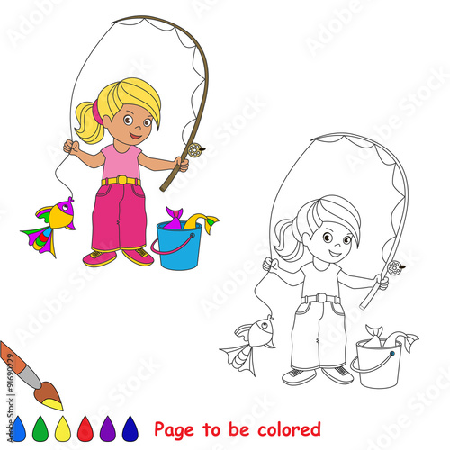 One cartoon baby fisher girl catch fish