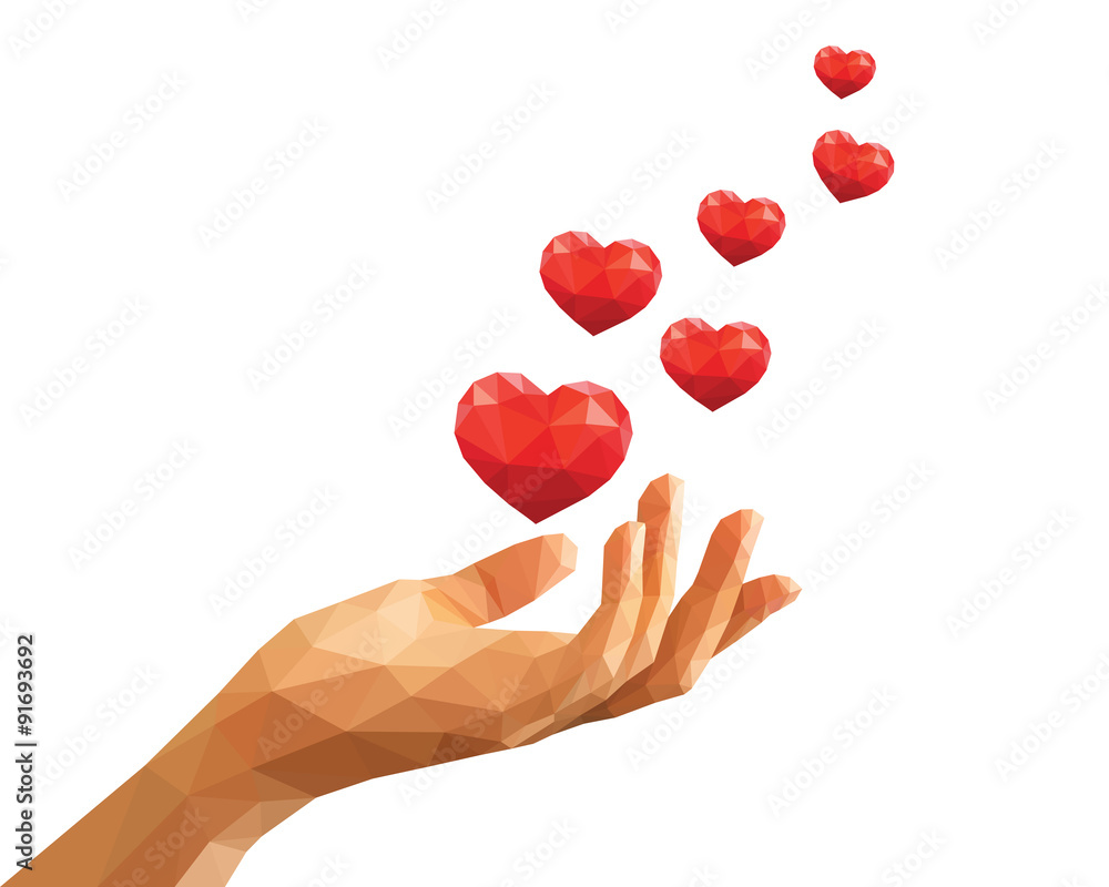 Obraz premium polygonal hand keeps six red floating hearts like love confessio