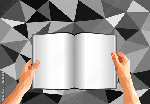 polygonal hands holding an open book with blank pages
