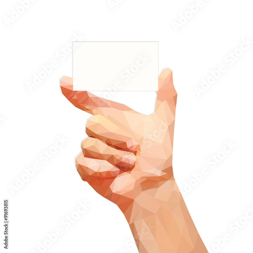 polygonal male hand holding a business card on a white backgroun