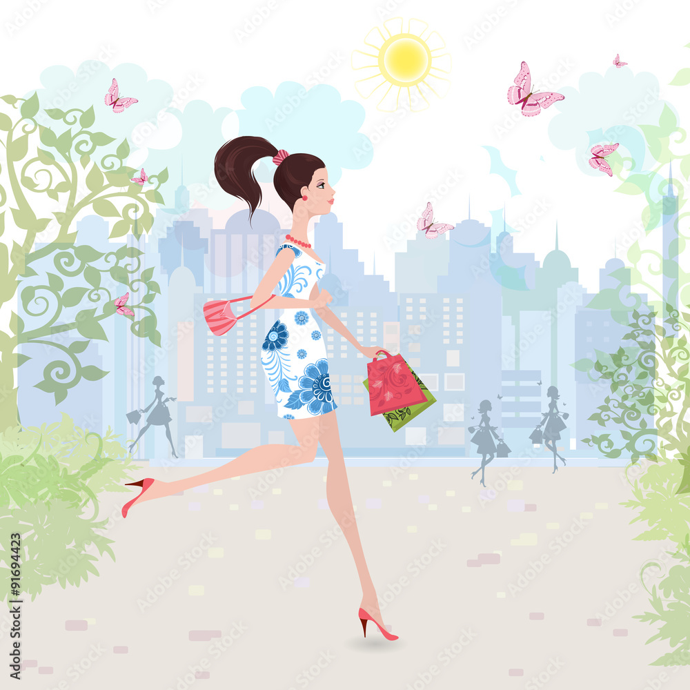 Fashion lady walking on street with shopping Fashion lady walking on street with shopping