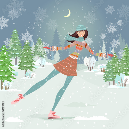 Cute girl skating in winter forest