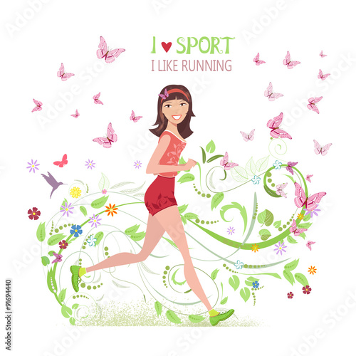 Greeting card with Sporty brunette jogging for your design